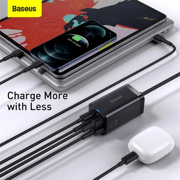 Baseus Chargeur de bureau 2 x USB Type C / 2 x USB 65W PD/QC4.0+AFC/ PPS + câble USB Type C – USB Type C 1m noir – CCGP040101