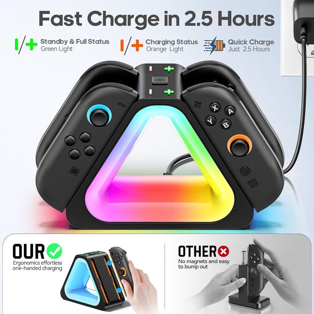 Station de Charge pour Manettes Switch 2 – Dock de Chargement pour 4 Joy-Con – Éclairage RGB 7 Modes – Charge Rapide 2,5 Heures – Indicateurs LED – Câble USB Inclus