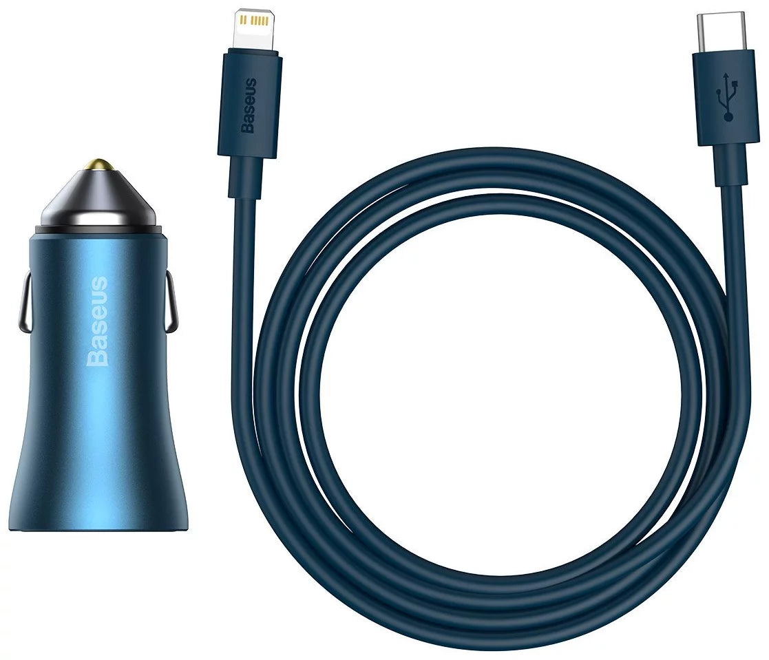 Chargeur Baseus  De Voiture U+C 40W AVEC Cable TYPE-C vers IP 1M Bleu/Contacteur Doré-tzccjd-03
