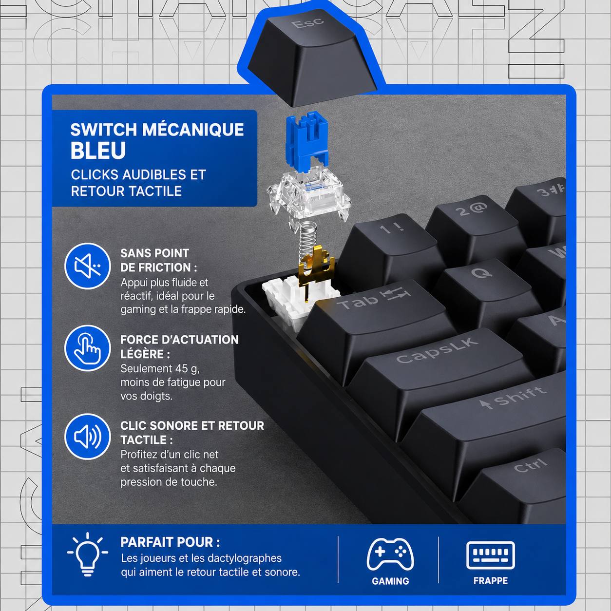 sh x61 Clavier Mécanique Filaire 61 Touches RGB – Switch Bleu
