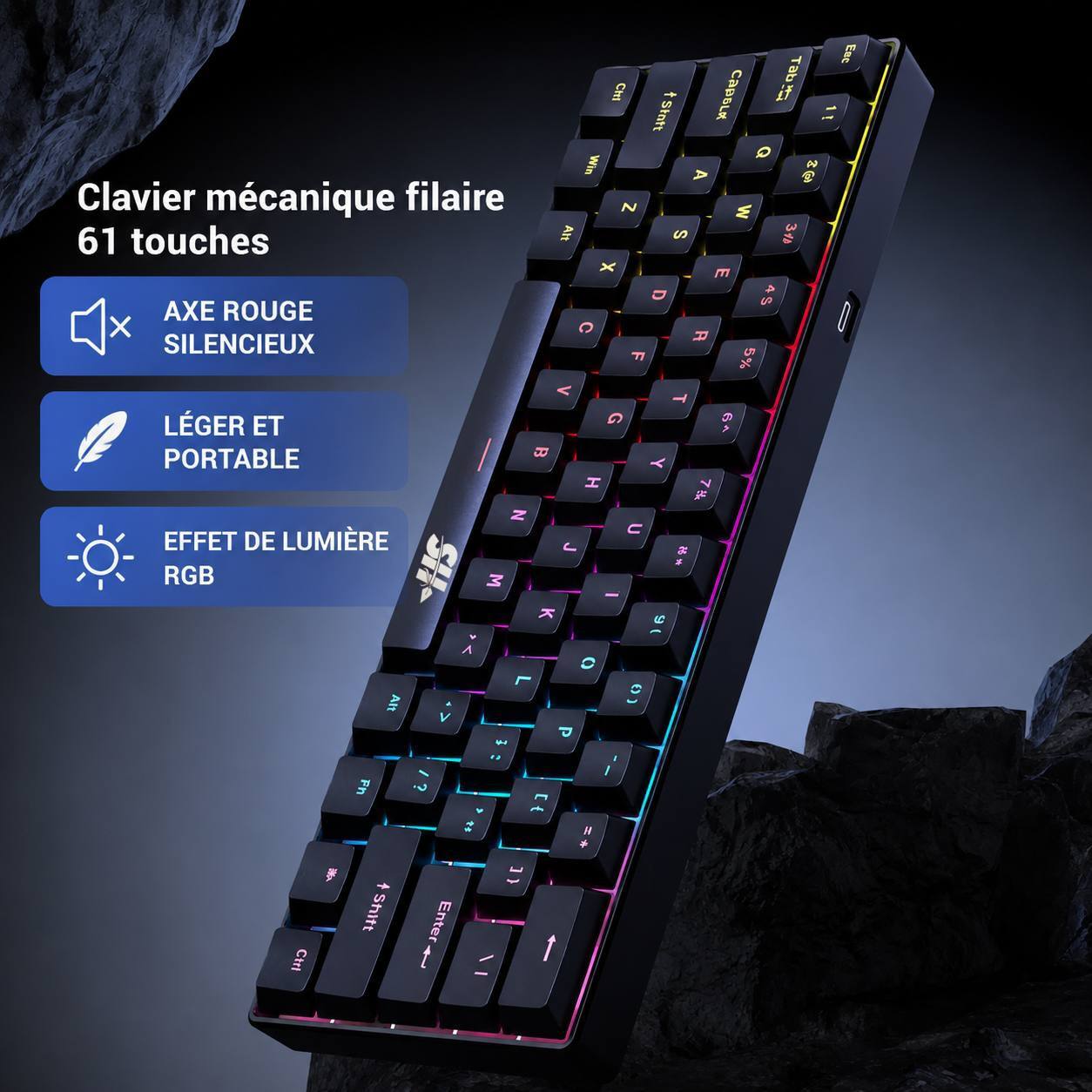 sh x61 Clavier Mécanique Filaire 61 Touches RGB – Switch Bleu