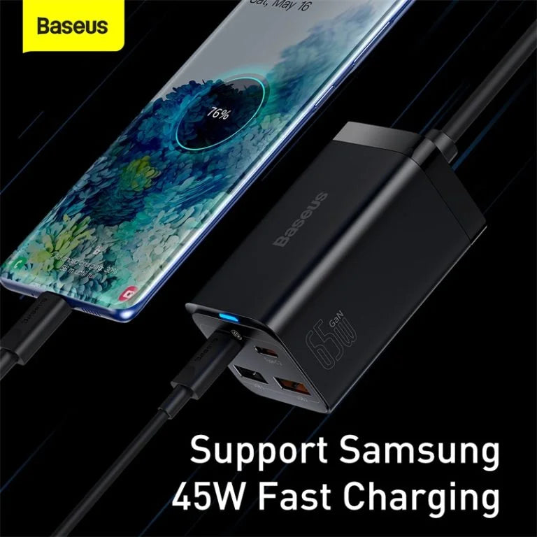 Baseus Chargeur de bureau 2 x USB Type C / 2 x USB 65W PD/QC4.0+AFC/ PPS + câble USB Type C – USB Type C 1m noir – CCGP040101