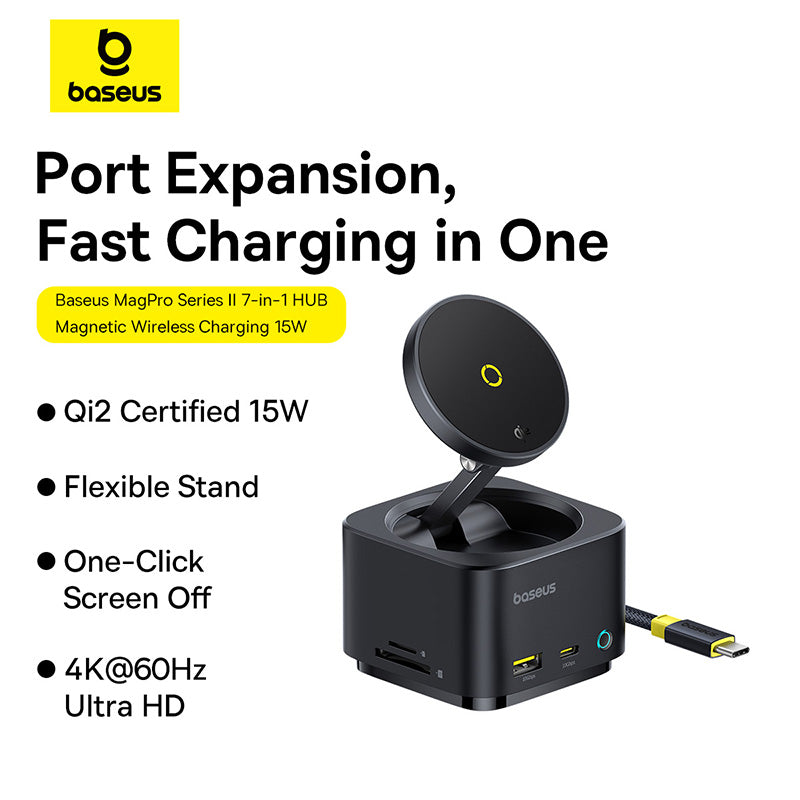 Baseus MagPro Series II 7-in-1 USB-C Hub with 15W Qi2 Wireless Charger, 4K@60Hz HDMI, 100W PD, 10Gbps Ports, SD Card Reader - b00072900121-00