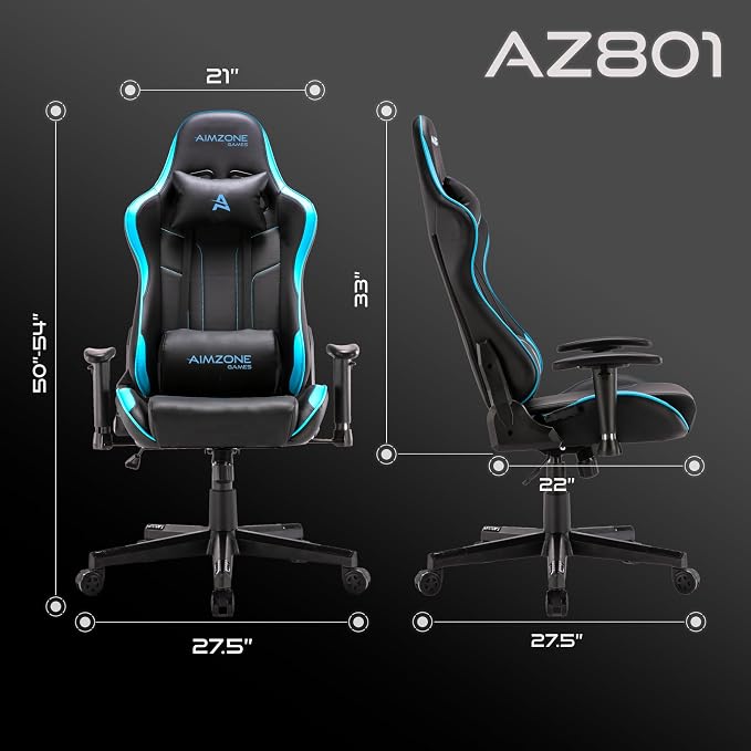 Aimzone Ergonomic Gaming Chair Racing Style Adjustable Height Heavy Duty PC Computer Chair with Headrest and Lumbar Support Swivel Chair (Black & Light Blue)