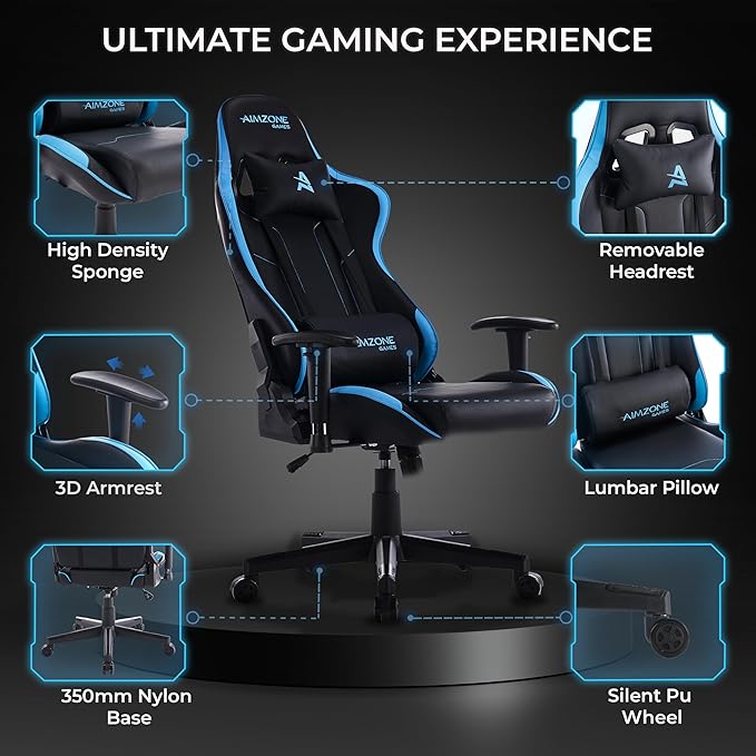 Aimzone Ergonomic Gaming Chair Racing Style Adjustable Height Heavy Duty PC Computer Chair with Headrest and Lumbar Support Swivel Chair (Black & Light Blue)
