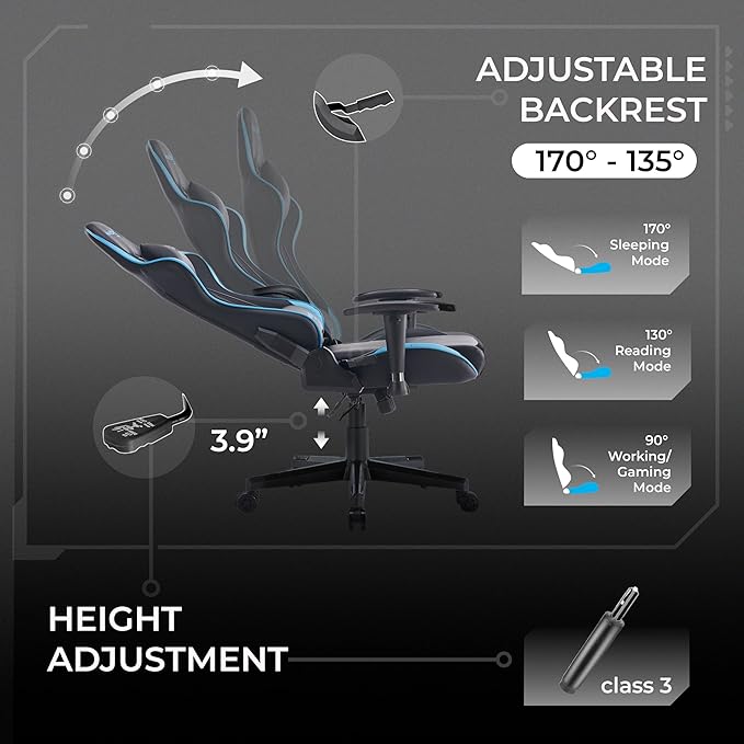 Aimzone Ergonomic Gaming Chair Racing Style Adjustable Height Heavy Duty PC Computer Chair with Headrest and Lumbar Support Swivel Chair (Black & Light Blue)