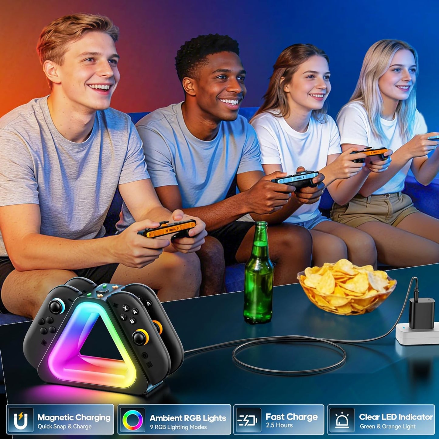 Station de Charge pour Manettes Switch 2 – Dock de Chargement pour 4 Joy-Con – Éclairage RGB 7 Modes – Charge Rapide 2,5 Heures – Indicateurs LED – Câble USB Inclus