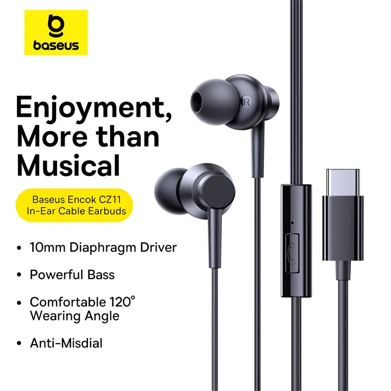 Baseus Encok CZ11 Type-C Wired Headphone, In-Ear Headset USB-C Earphone With Mic - Black-A00164300113-Z1