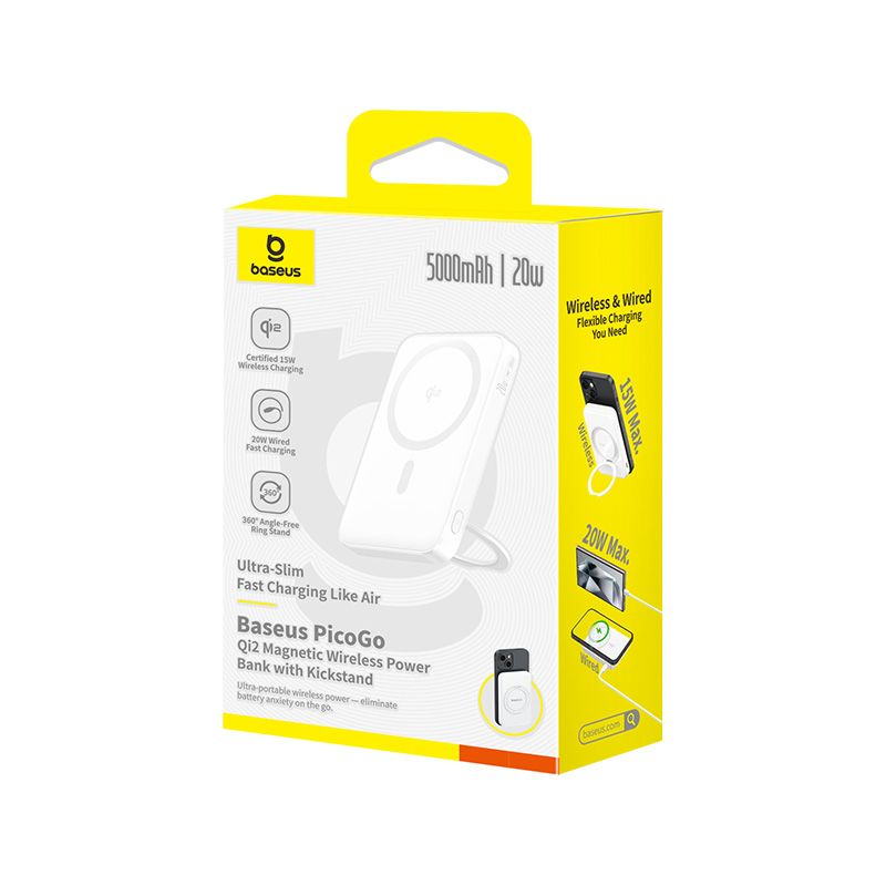 Baseus PicoGo Power Bank Magnétique Qi2 5000mAh 20W avec Support Rotatif – Blanc – P10076800213-01