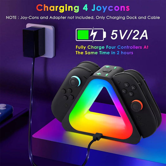 Station de Charge pour Manettes Switch 2 – Dock de Chargement pour 4 Joy-Con – Éclairage RGB 7 Modes – Charge Rapide 2,5 Heures – Indicateurs LED – Câble USB Inclus