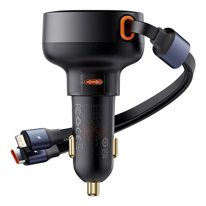 Baseus Enjoyment Pro Chargeur Voiture 55W avec Câbles iPhone Rétractables et Port USB‑C-C00057803111‑00
