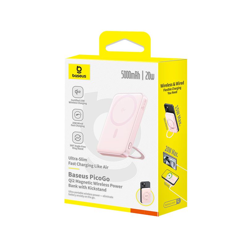 Baseus PicoGo Power Bank Magnétique Qi2 5000mAh 20W avec Support Rotatif – PINK– P10076800413-00