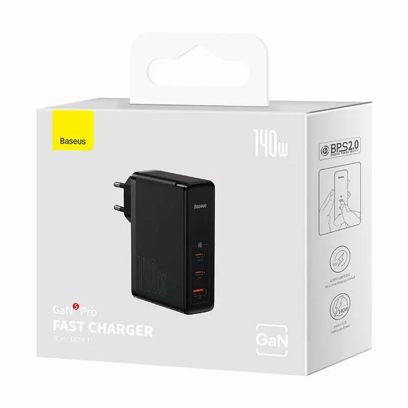 Baseus Chargeur 140W 2x Type-C/ 1XUSB EU Noir Avec Cable Type-C to Type-C 240WNoir-CCGP100201