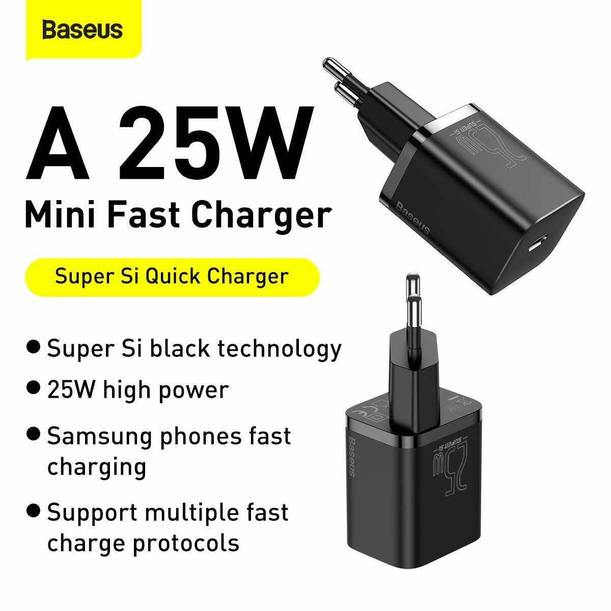 Baseus Ensemble de charge AC 1C / câble Type-C vers Type-C 3A 1m, 25W, noir -TZCCSUP-L01