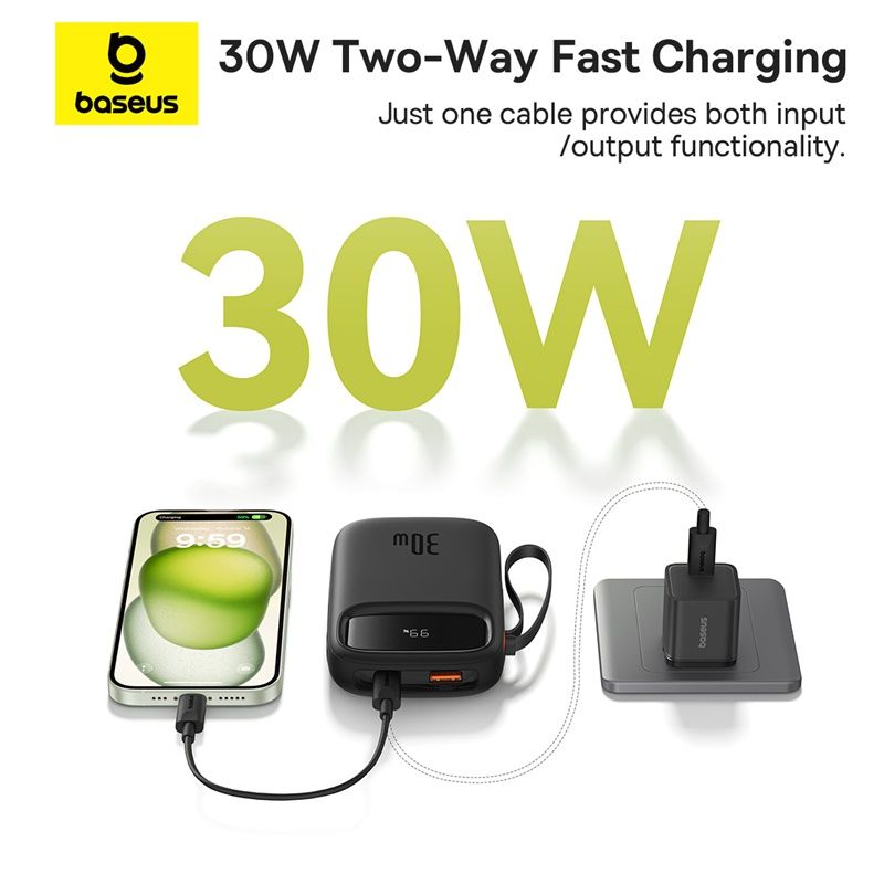 Baseus Power Bank 10000mAh 30W avec 2 Câbles USB-C Intégrés – (P10055008113-00)