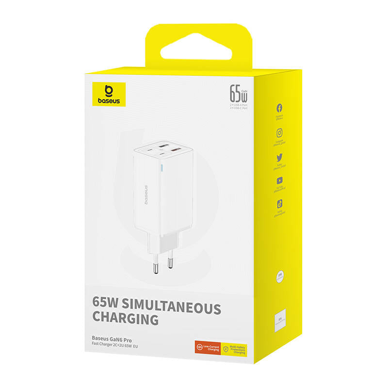 Baseus Chargeur Rapide 65W – 2x USB-C + 2x USB-A (Blanc - P10162701213-00)