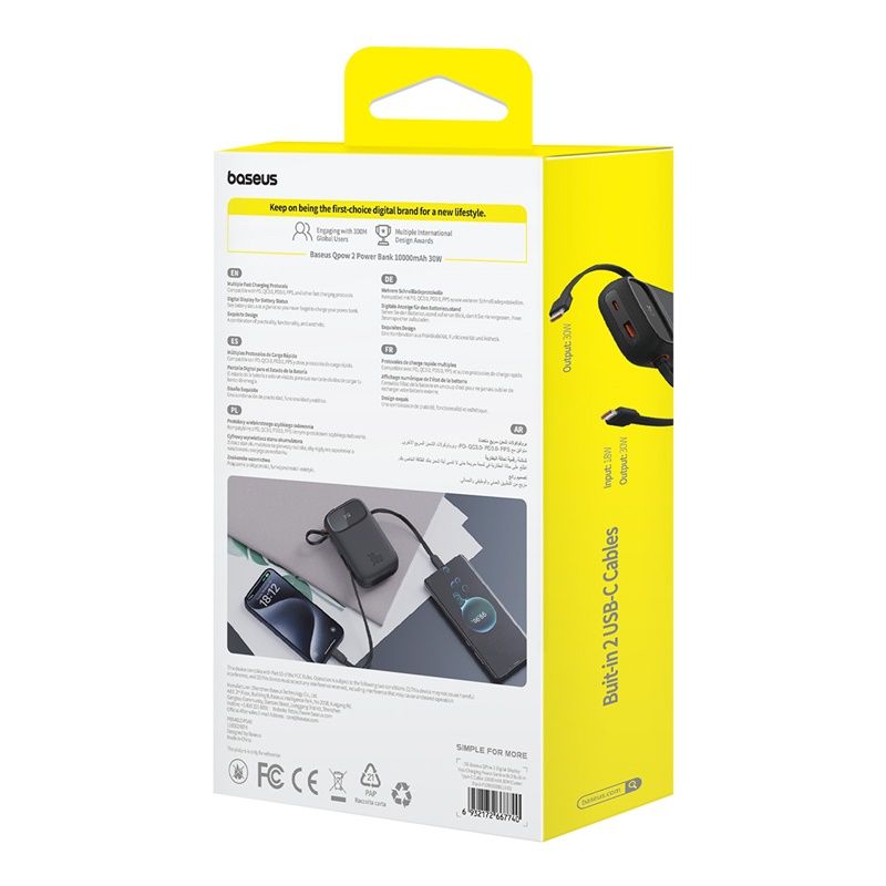 Baseus Power Bank 10000mAh 30W avec 2 Câbles USB-C Intégrés – (P10055008113-00)