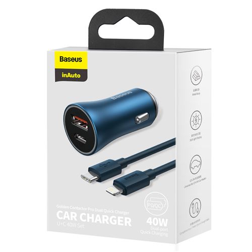 Chargeur Baseus  De Voiture U+C 40W AVEC Cable TYPE-C vers IP 1M Bleu/Contacteur Doré-tzccjd-03