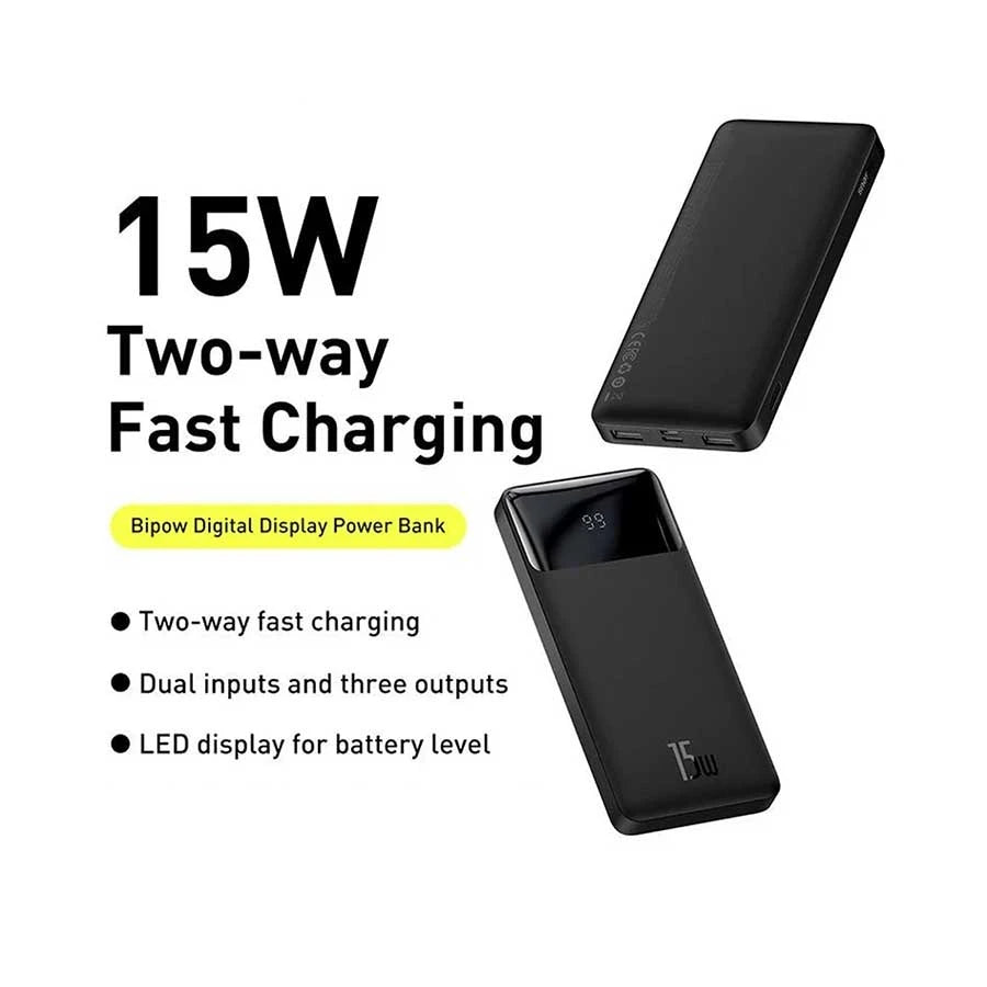 Baseus Bipow powerbank with display 10000mAh 15W black + USB-A - Micro USB 0.25m cable black (PPBD050001)