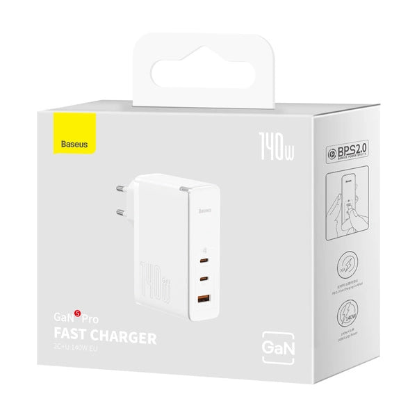 Baseus Chargeur Pro 2C+U 140W EU Blanc Avec Cable TYPE-C vers TYPE-C 240W 48V/5A 1M Blanc-ccgp100202