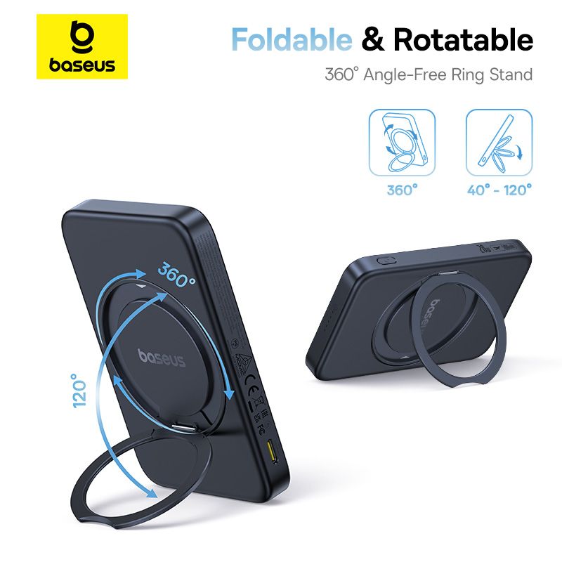 Baseus Power Bank Magnétique ( PicoGo ) Qi2 5000mAh 20W avec Support Rotatif – Noir – (P10076802123-00)