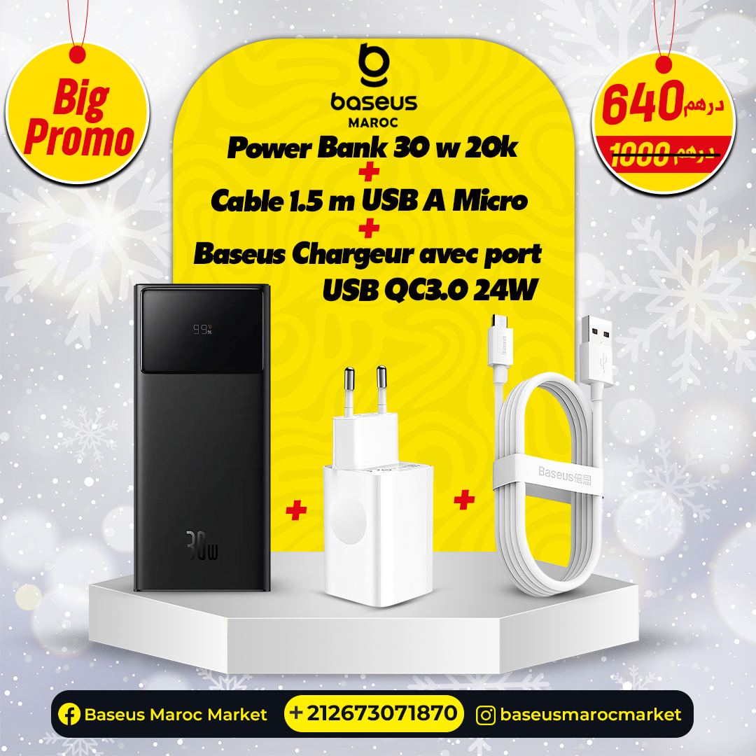 PACK 3 IN 1   Powerbank 20000mAh 30W + Chargeur  +  Cable USB vers Micro