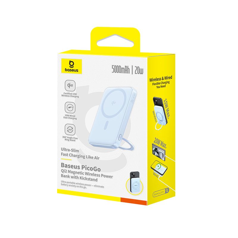 Baseus PicoGo Power Bank Magnétique Qi2 5000mAh 20W avec Support Rotatif – Bleu – P10076800313-00