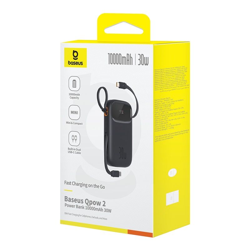 Baseus Power Bank 10000mAh 30W avec 2 Câbles USB-C Intégrés – (P10055008113-00)